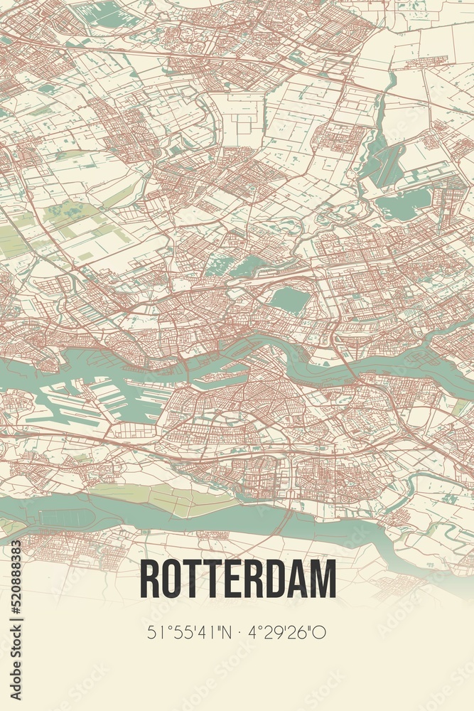 Retro Dutch city map of Rotterdam located in Zuid-Holland. Vintage street map.