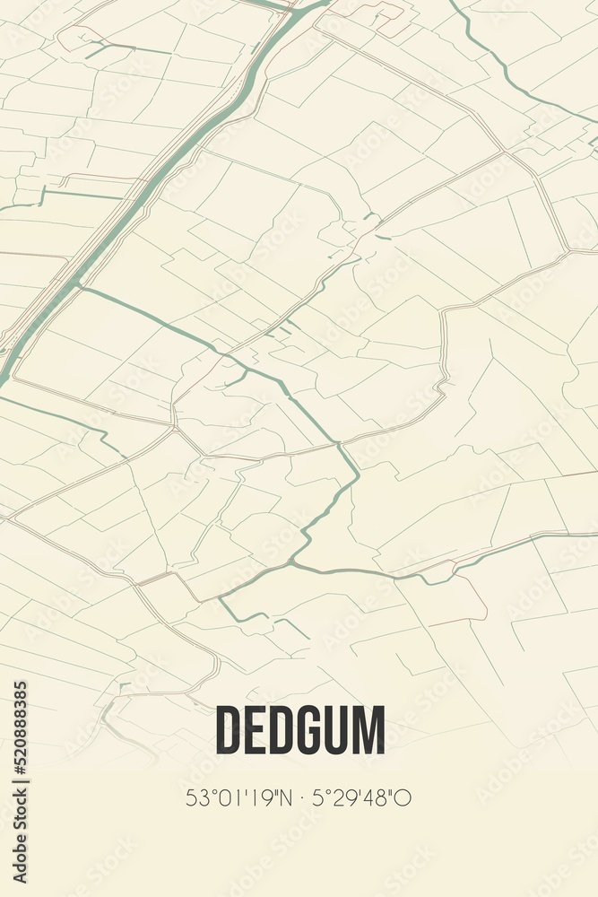 Retro Dutch city map of Dedgum located in Fryslan. Vintage street map.