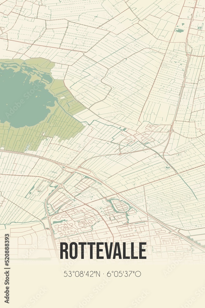Obraz premium Retro Dutch city map of Rottevalle located in Fryslan. Vintage street map.