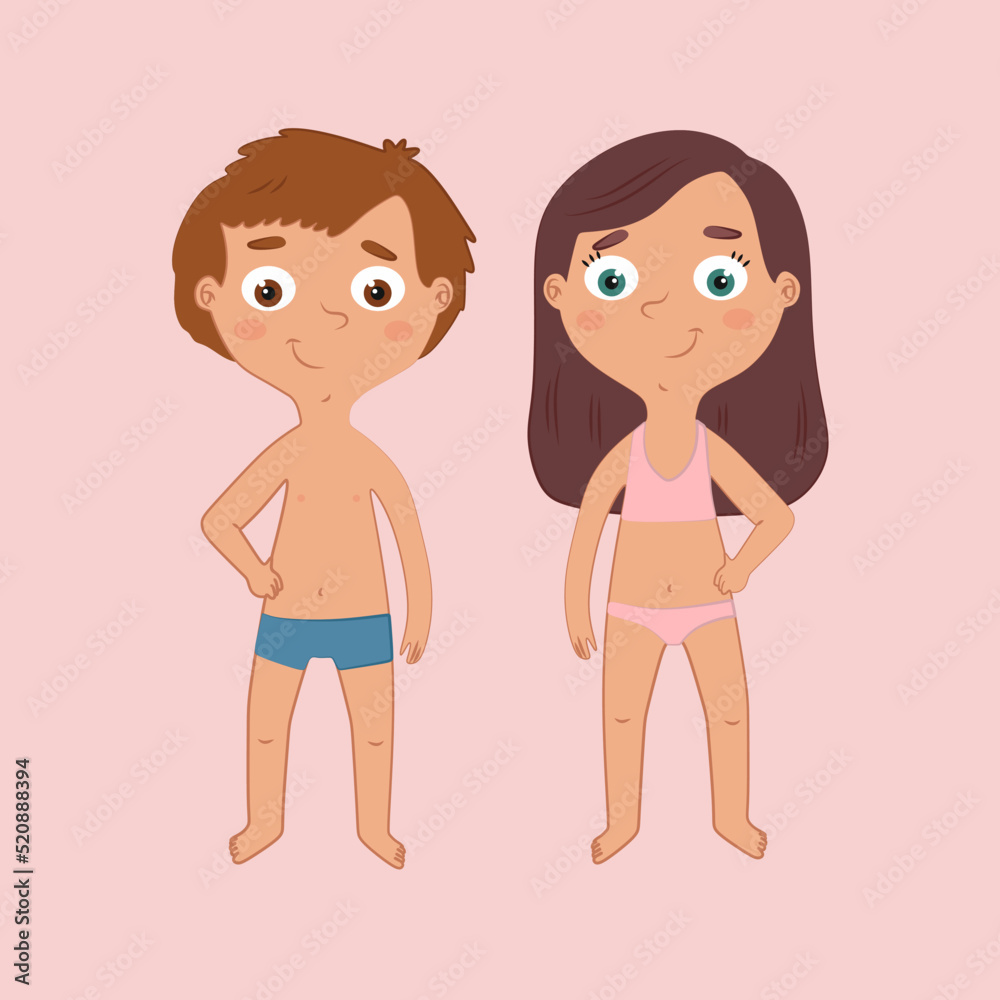 Cute boy and girl, small children isolated on pink background, vector graphics Cute boy and girl, small children isolated on pink background, vector graphics