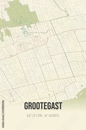 Retro Dutch city map of Grootegast located in Groningen. Vintage street map.