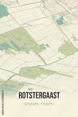 Retro Dutch city map of Rotstergaast located in Fryslan. Vintage street map.