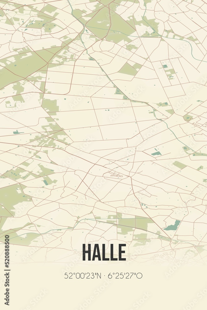 Retro Dutch city map of Halle located in Gelderland. Vintage street map.