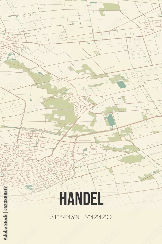 Retro Dutch city map of Handel located in Noord-Brabant. Vintage street map.