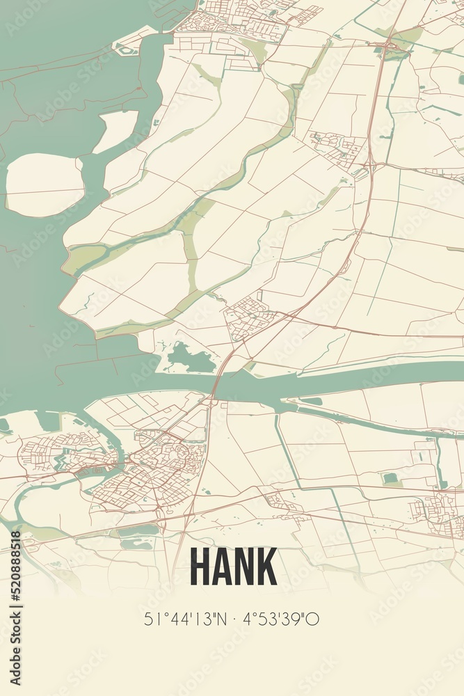 Retro Dutch city map of Hank located in Noord-Brabant. Vintage street map.