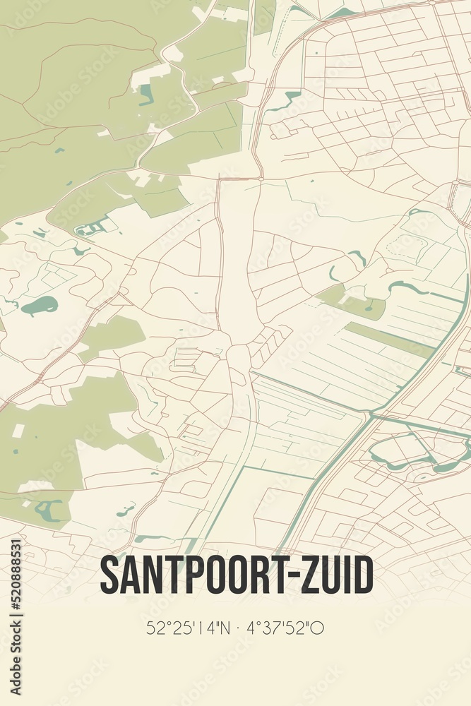 Retro Dutch city map of Santpoort-Zuid located in Noord-Holland. Vintage street map.