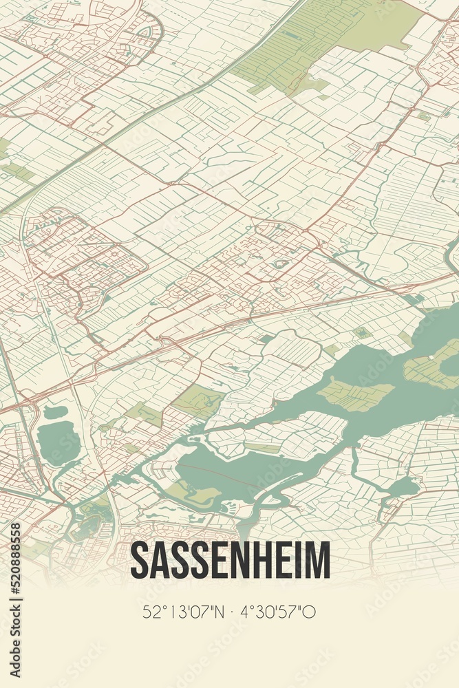 Retro Dutch city map of Sassenheim located in Zuid-Holland. Vintage street map.