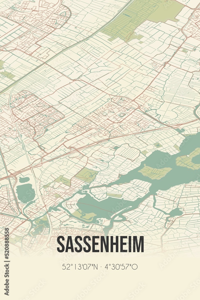 Retro Dutch city map of Sassenheim located in Zuid-Holland. Vintage street map. Retro Dutch city map of Sassenheim located in Zuid-Holland. Vintage street map.