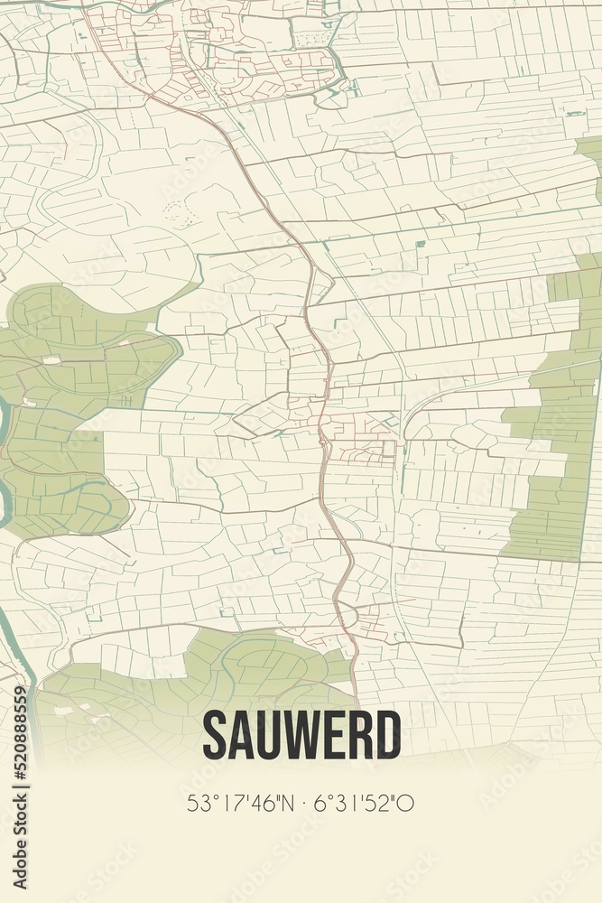 Retro Dutch city map of Sauwerd located in Groningen. Vintage street map.