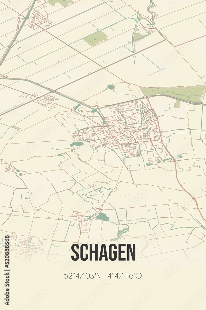 Retro Dutch city map of Schagen located in Noord-Holland. Vintage street map.