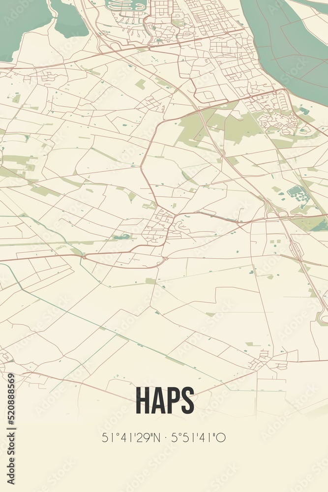 Retro Dutch city map of Haps located in Noord-Brabant. Vintage street map.