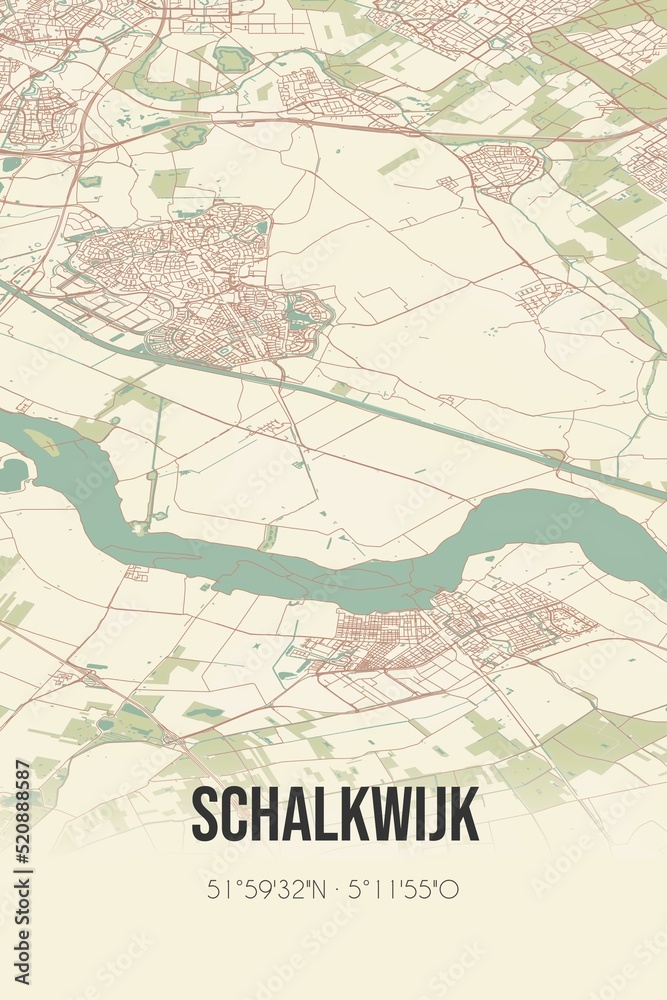 Retro Dutch city map of Schalkwijk located in Utrecht. Vintage street map.