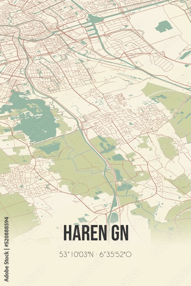Retro Dutch city map of Haren Gn located in Groningen. Vintage street map.