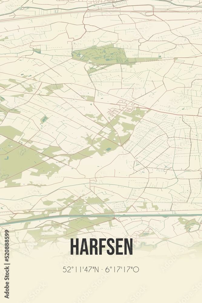 Retro Dutch city map of Harfsen located in Gelderland. Vintage street map.