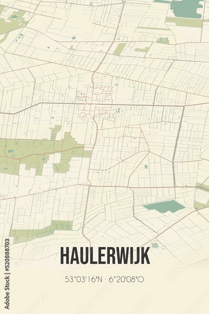 Retro Dutch city map of Haulerwijk located in Fryslan. Vintage street map.