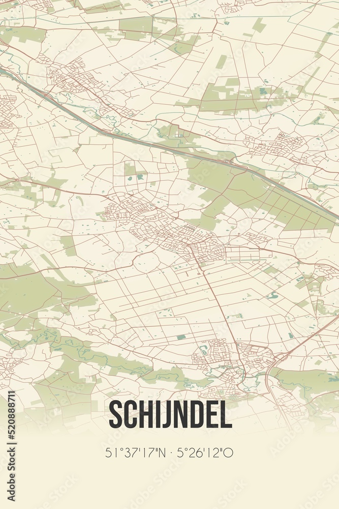 Retro Dutch city map of Schijndel located in Noord-Brabant. Vintage street map.