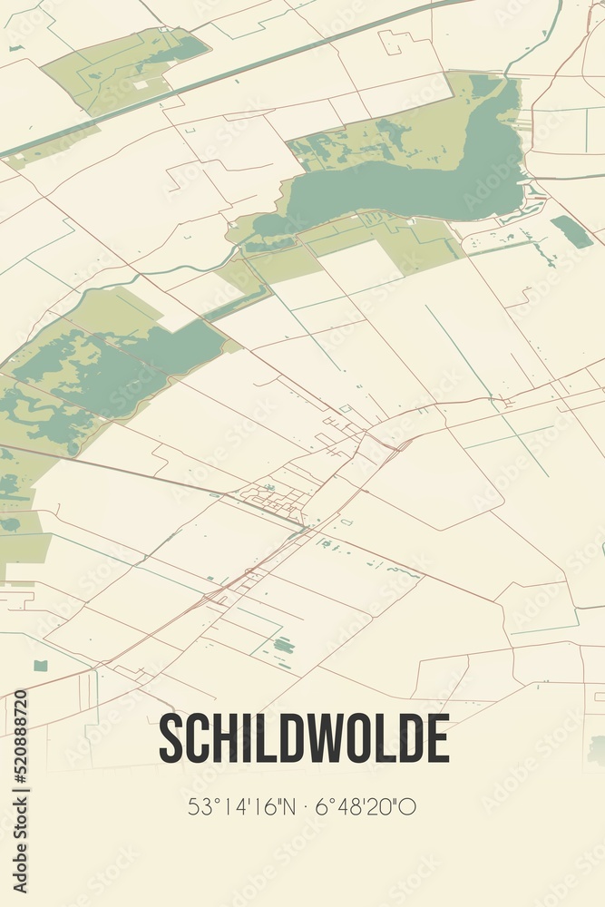 Retro Dutch city map of Schildwolde located in Groningen. Vintage street map.