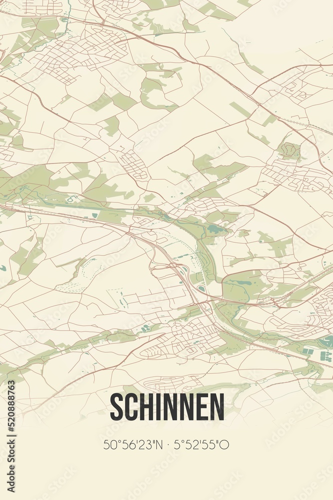 Retro Dutch city map of Schinnen located in Limburg. Vintage street map.