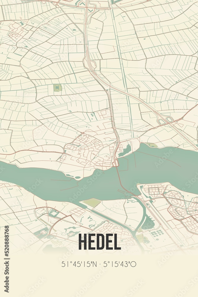 Retro Dutch city map of Hedel located in Gelderland. Vintage street map.