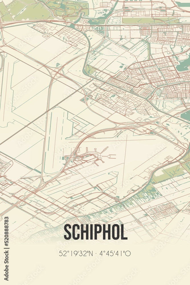 Retro Dutch city map of Schiphol located in Noord-Holland. Vintage street map.