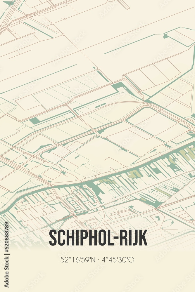 Retro Dutch city map of Schiphol-Rijk located in Noord-Holland. Vintage street map. Retro Dutch city map of Schiphol-Rijk located in Noord-Holland. Vintage street map.