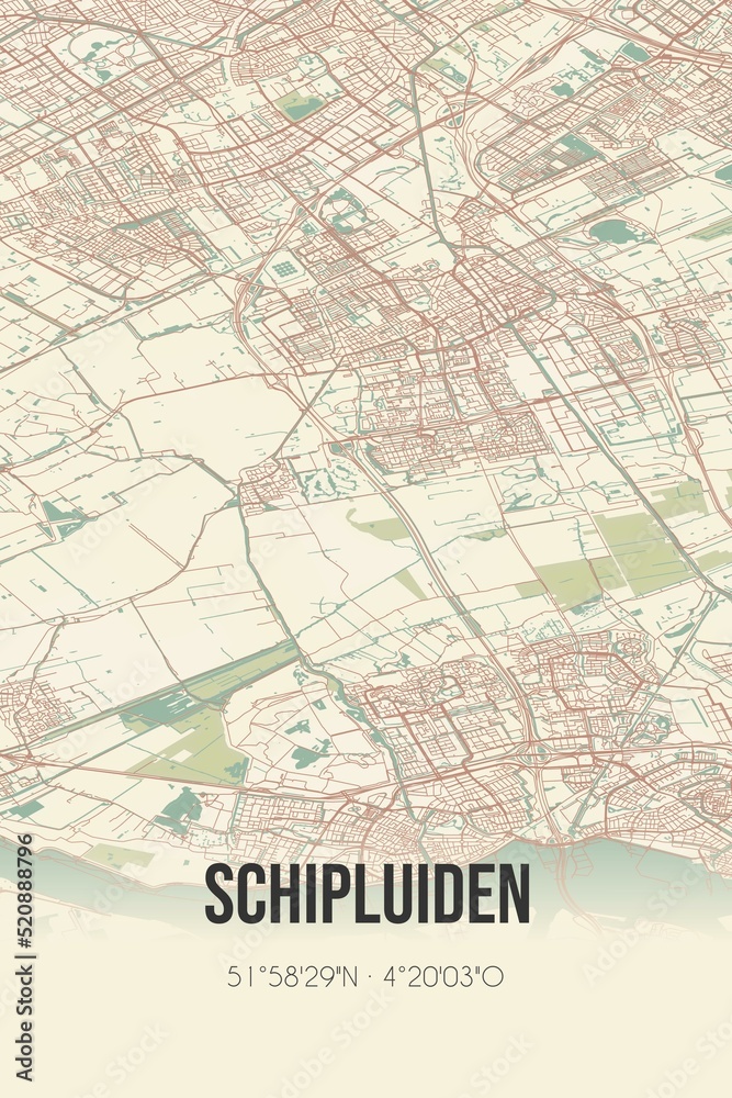 Retro Dutch city map of Schipluiden located in Zuid-Holland. Vintage street map.