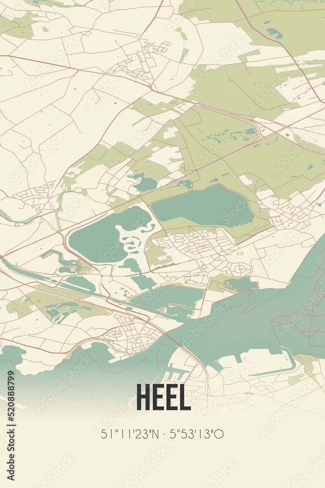 Retro Dutch city map of Heel located in Limburg. Vintage street map.