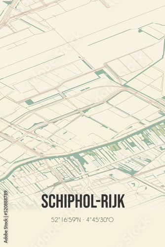 Retro Dutch city map of Schiphol-Rijk located in Noord-Holland. Vintage street map.