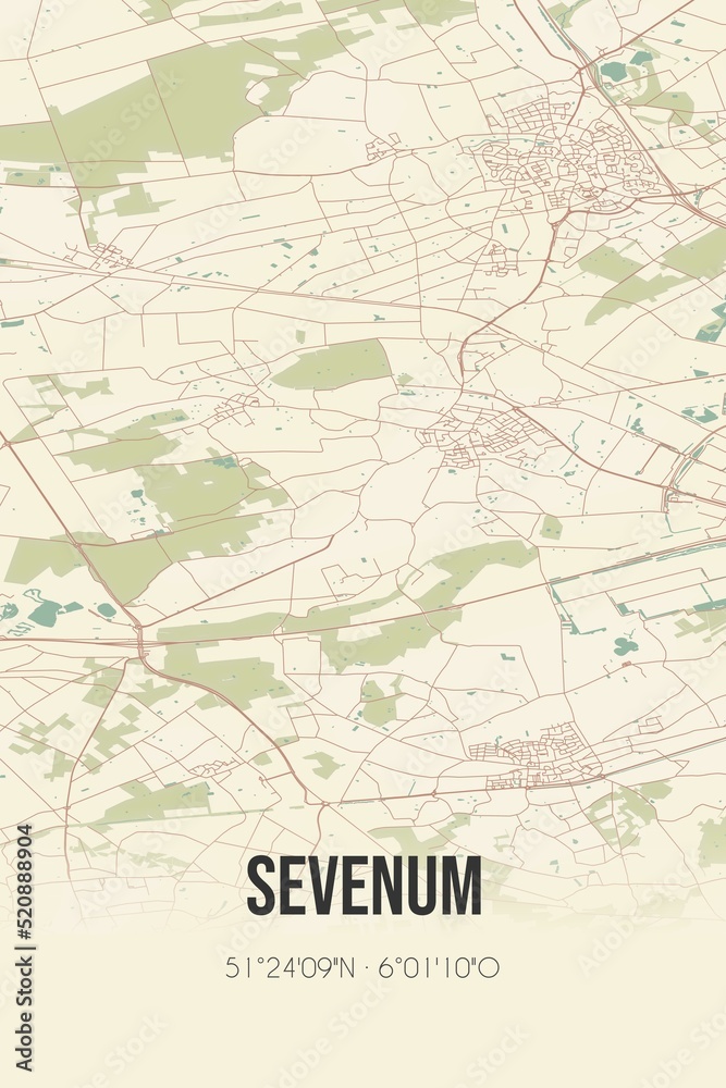 Retro Dutch city map of Sevenum located in Limburg. Vintage street map.