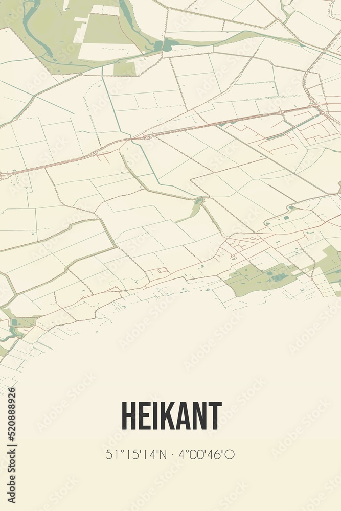 Retro Dutch city map of Heikant located in Zeeland. Vintage street map.
