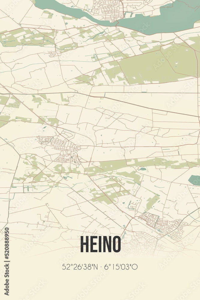 Retro Dutch city map of Heino located in Overijssel. Vintage street map.