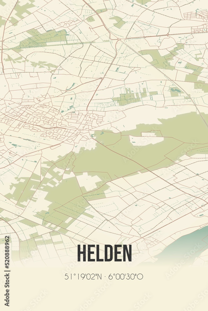 Retro Dutch city map of Helden located in Limburg. Vintage street map.