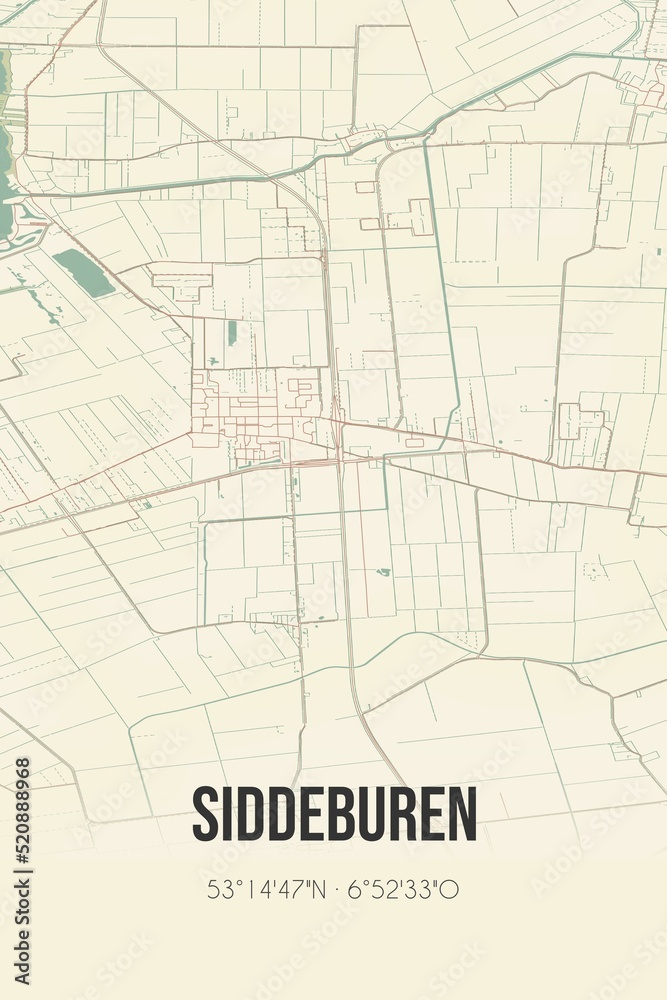 Retro Dutch city map of Siddeburen located in Groningen. Vintage street map.