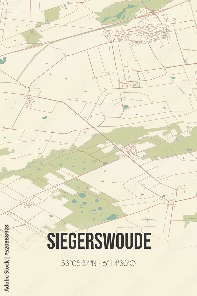 Retro Dutch city map of Siegerswoude located in Fryslan. Vintage street map.