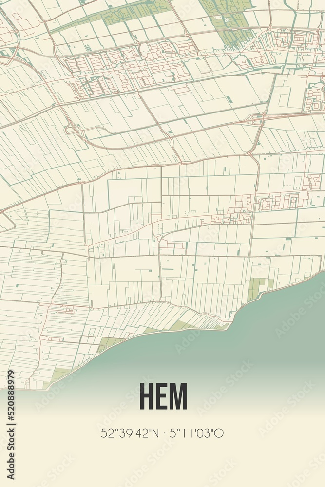 Retro Dutch city map of Hem located in Noord-Holland. Vintage street map.