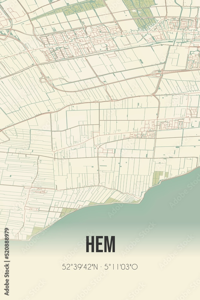 Retro Dutch city map of Hem located in Noord-Holland. Vintage street map. Retro Dutch city map of Hem located in Noord-Holland. Vintage street map.