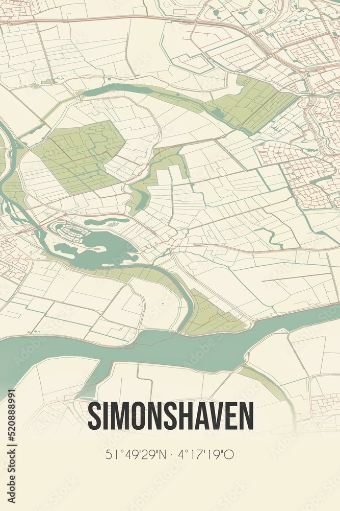 Retro Dutch city map of Simonshaven located in Zuid-Holland. Vintage street map.