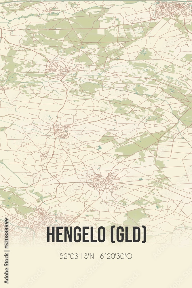 Retro Dutch city map of Hengelo (Gld) located in Gelderland. Vintage street map.