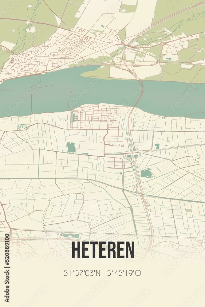 Retro Dutch city map of Heteren located in Gelderland. Vintage street map.