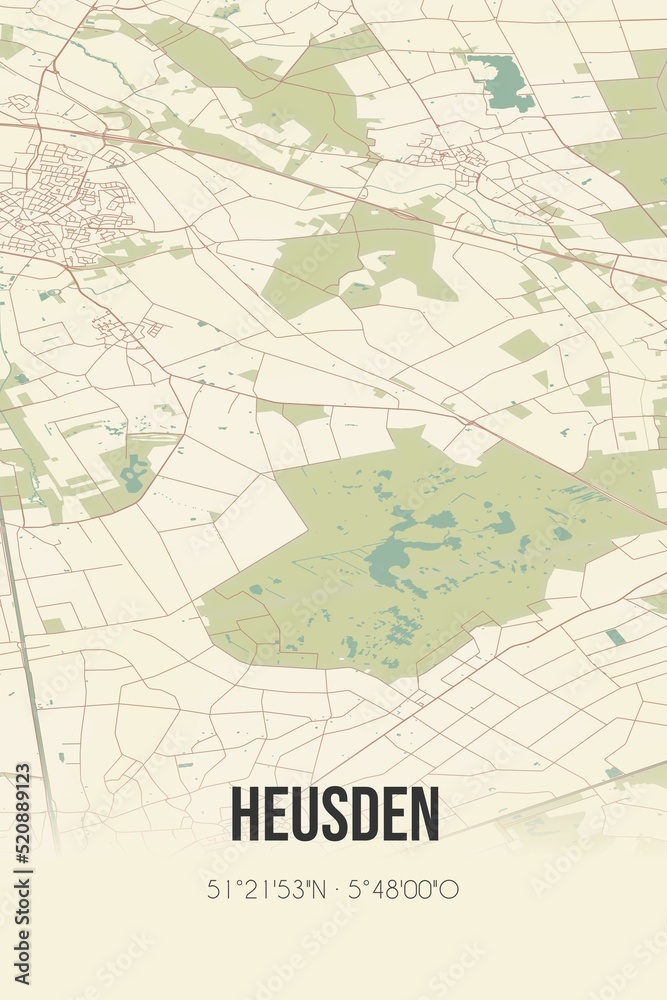 Retro Dutch city map of Heusden located in Noord-Brabant. Vintage street map.