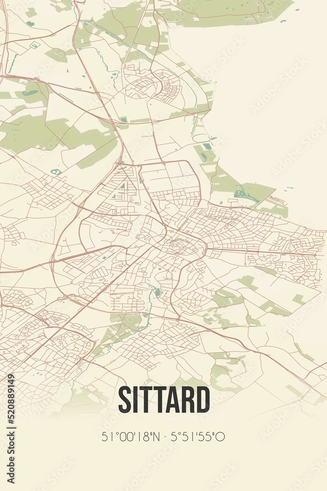 Retro Dutch city map of Sittard located in Limburg. Vintage street map.