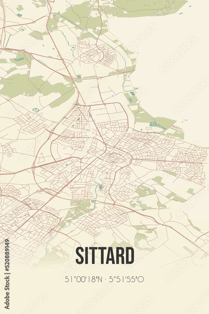 Fototapeta premium Retro Dutch city map of Sittard located in Limburg. Vintage street map.