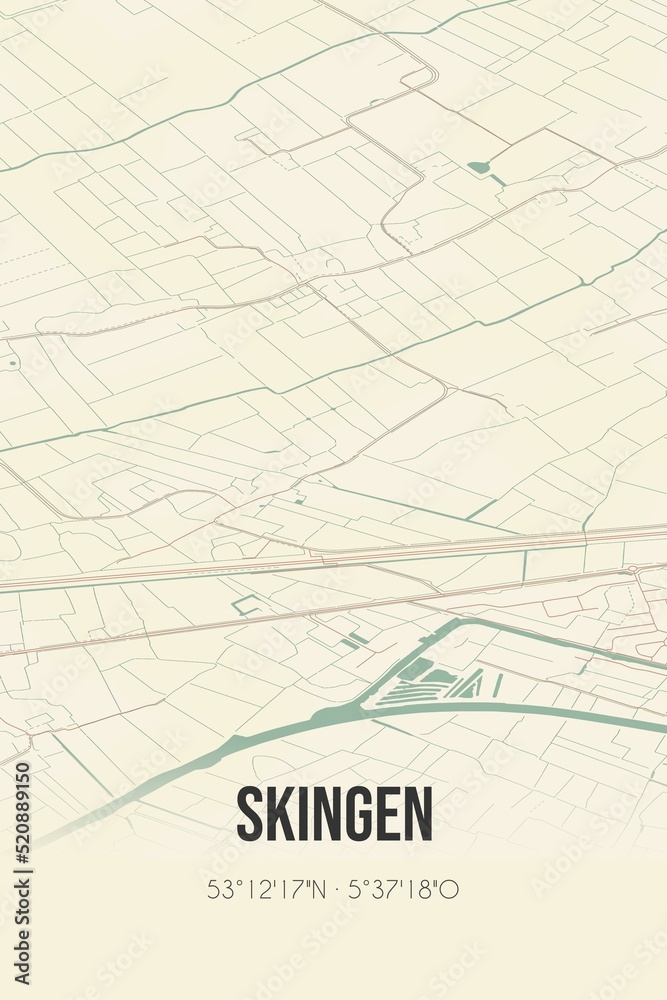 Retro Dutch city map of Skingen located in Fryslan. Vintage street map.