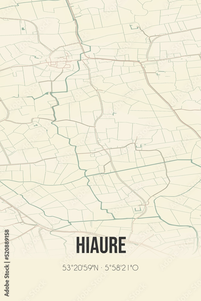 Retro Dutch city map of Hiaure located in Fryslan. Vintage street map.