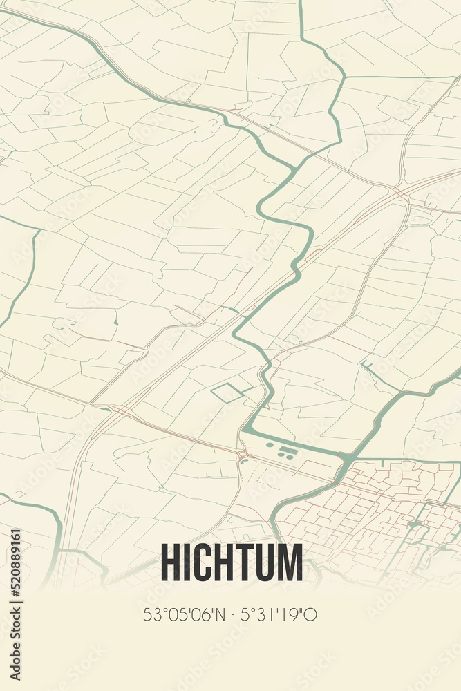 Retro Dutch city map of Hichtum located in Fryslan. Vintage street map.