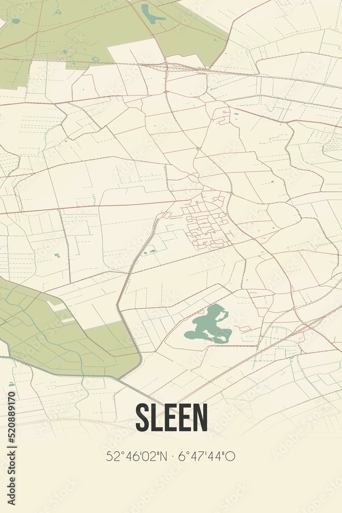 Retro Dutch city map of Sleen located in Drenthe. Vintage street map.