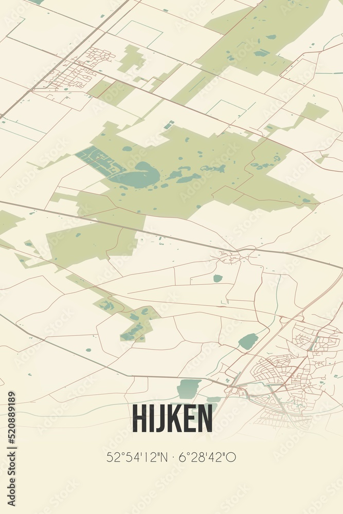Retro Dutch city map of Hijken located in Drenthe. Vintage street map.