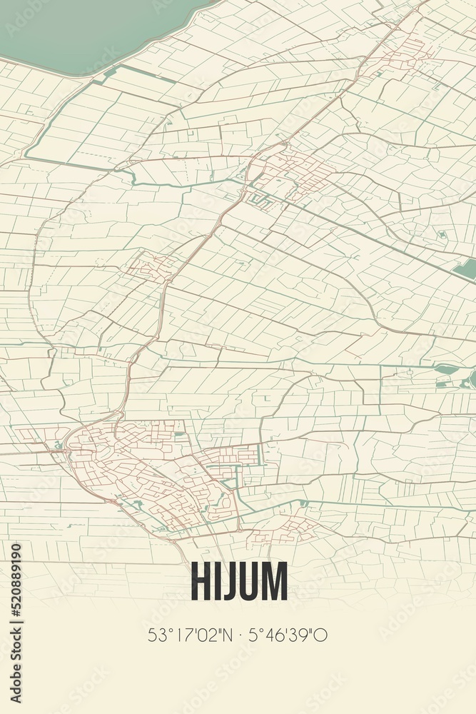 Retro Dutch city map of Hijum located in Fryslan. Vintage street map.