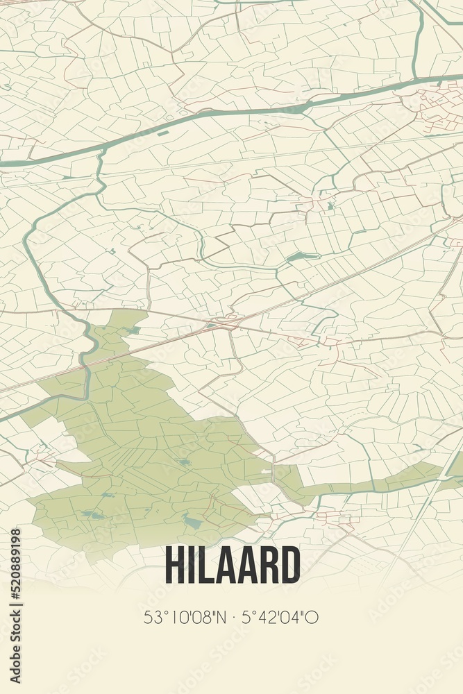 Retro Dutch city map of Hilaard located in Fryslan. Vintage street map.