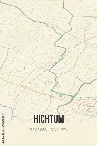 Retro Dutch city map of Hichtum located in Fryslan. Vintage street map.
